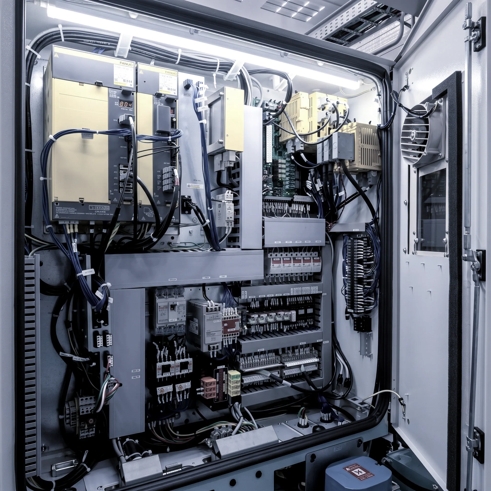 Interior of a control cabinet with servo amplifiers, circuit breakers and terminal blocks wired into a machine