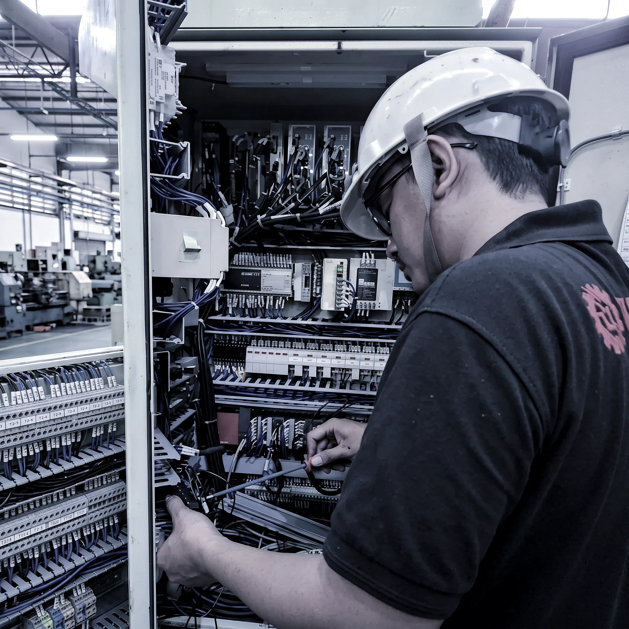A Sapotoya engineer in a hard hat probing terminals inside a machine control panel on the shop floor